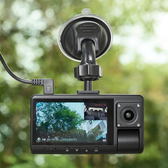 onn. Dual Dash Cam with Ultra-Wide Angle Lens, 3" LCD Screen,1080P Camera, 16GB SD Card, 0.9 oz