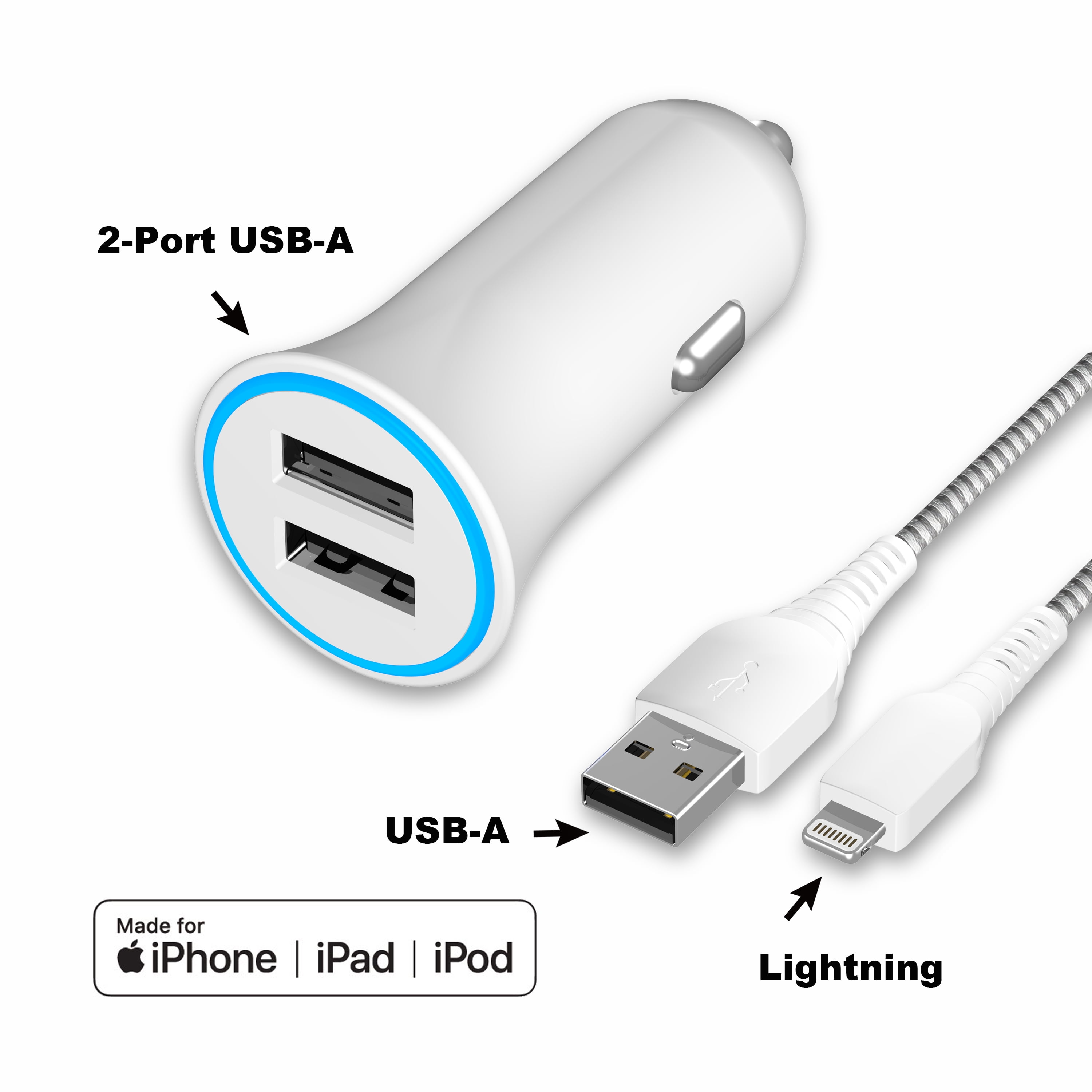 onn. Dual-Port Car Charging Kit with Lightning to USB Cable, White