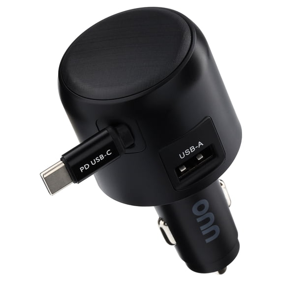 onn Dual-Port Fast Charge USB-C/USB Car Charger with Built-In Retractable USB-C Cable