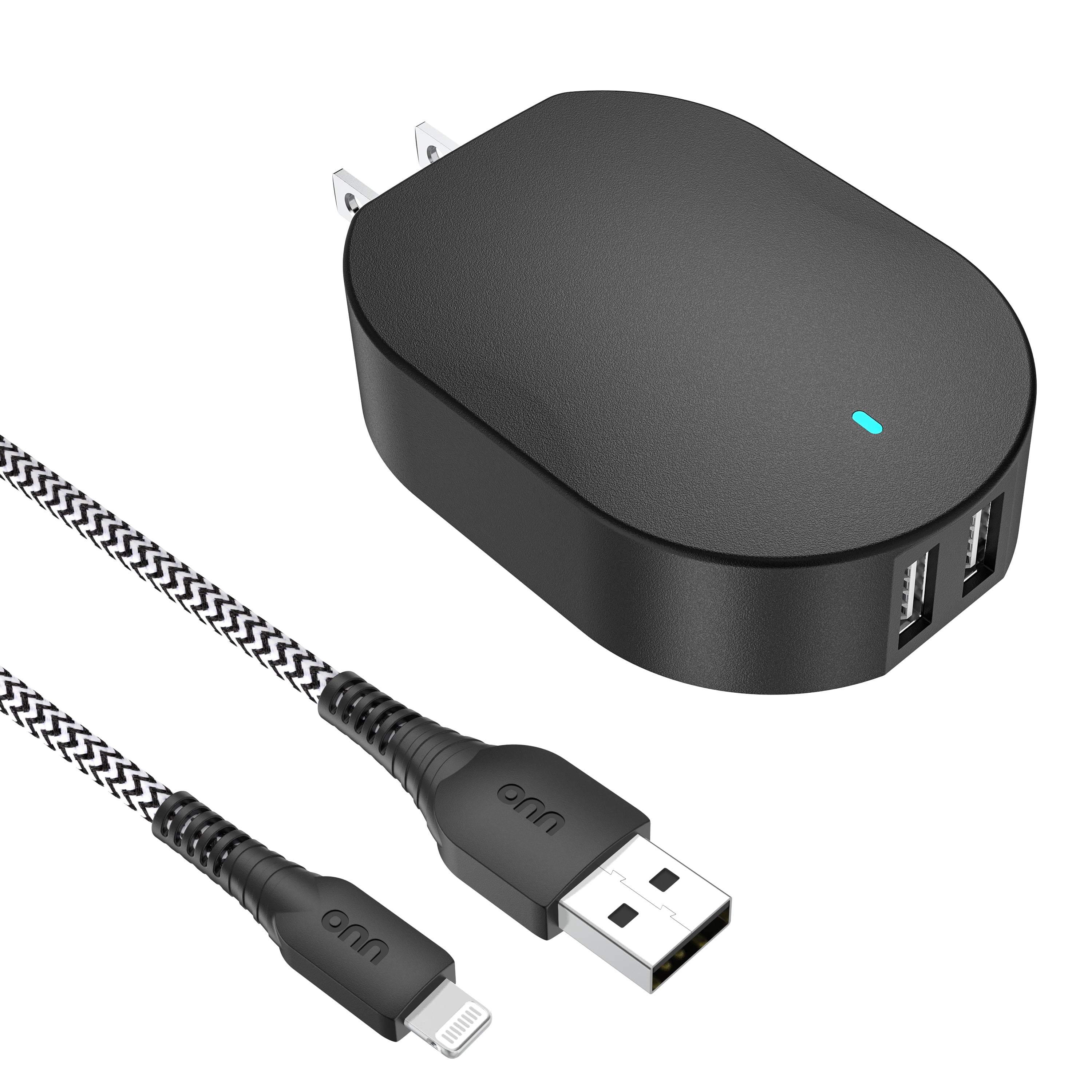 onn 24W Dual USB-A Port Wall Charger with 3ft Lighting Cable to USB, MFI Certified, Foldable Plug, Black - Compatible with iPhone 14/13/12/11/X/XR/XS/8/7/6/5, iPad, Airpods, and more