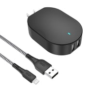 onn 24W Dual USB-A Port Wall Charger with 3ft Lighting Cable to USB, MFI Certified, Foldable Plug, Black - Compatible with iPhone 14/13/12/11/X/XR/XS/8/7/6/5, iPad, Airpods, and more