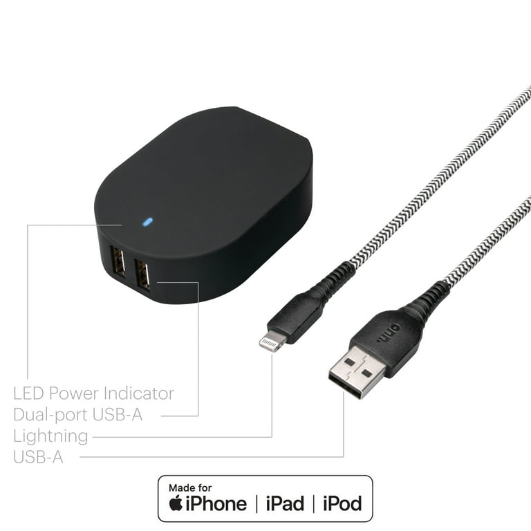 onn. Dual-Port Wall Charging Kit with 3FT Lightning to USB Cable