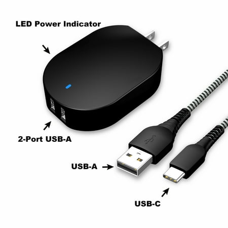 onn. Dual-Port Wall Charging Kit with USB-C to USB Cable