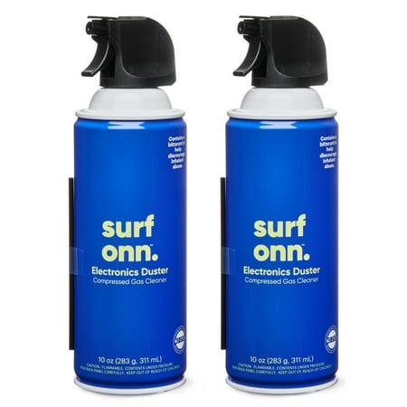 onn. Electronics Duster Compressed Gas Cleaner, 10 oz, 2-Pack, Length 2.56, Width 5.20, Height 8.39 inches
