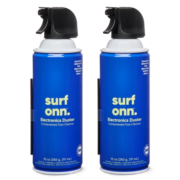 onn. Electronics Duster Compressed Gas Cleaner, 10 oz, 2-Pack, Length 2.56, Width 5.20, Height 8.39 inches