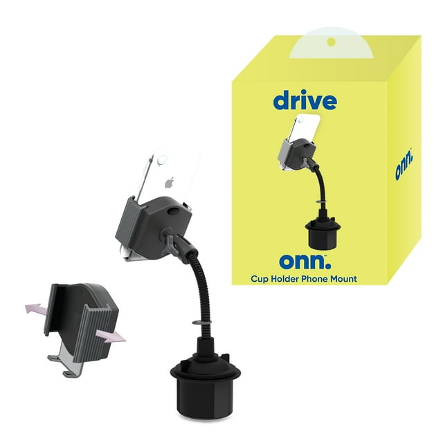 onn. Expandable Smartphone Gooseneck Cup Holder Phone Mount, Black