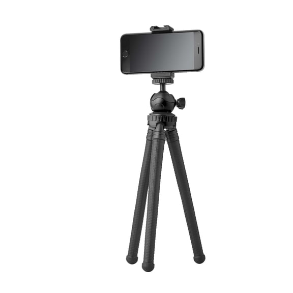 onn. Focus 12" Flexible Mini Tripod with Smartphone Cradle, GoPro Mount & Adjustable Ball Head, Portable Camera Tripod for Smartphones, Compact Cameras & Action Cameras, Black