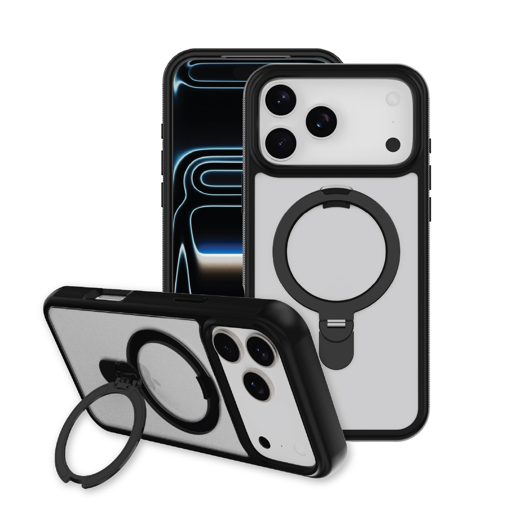 onn MagSafe Compatible Phone Case with Kickstand for iPhone 17 Pro - Black/Frosted Clear