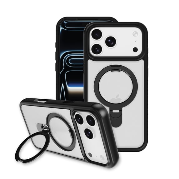 onn Phone Case with Ring Kickstand for iPhone 18 Pro Max / 17 Pro Max, MagSafe Compatible, Rotating Kickstand - Frosted Clear/Black