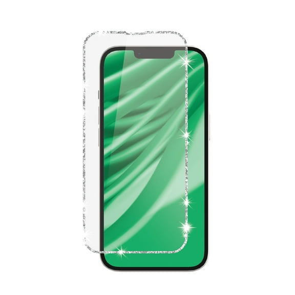 onn Glitter Frame Glass Screen Protector with Easy Application Tray for iPhone 16e / iPhone 14 / iPhone 13 / iPhone 13 Pro
