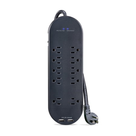 onn. Gray Surge Protector with 10 Outlets, 3300 Joules and 2 USB Ports