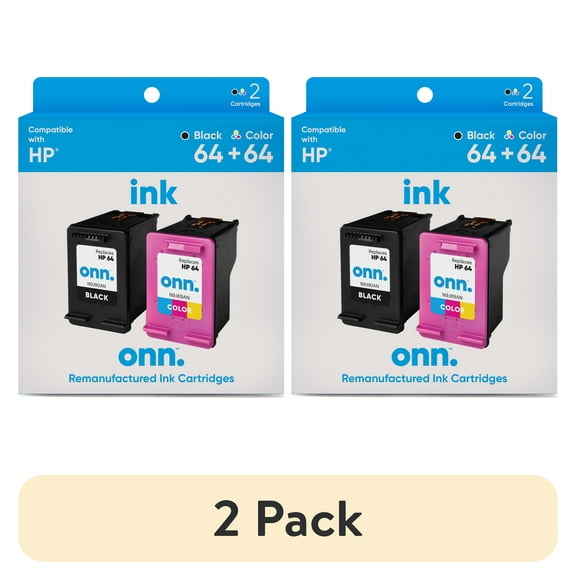 (2 pack) ONN INHPCL100014173 HP 64 Black and 64 Tri-Color Ink, 2 Cartridges