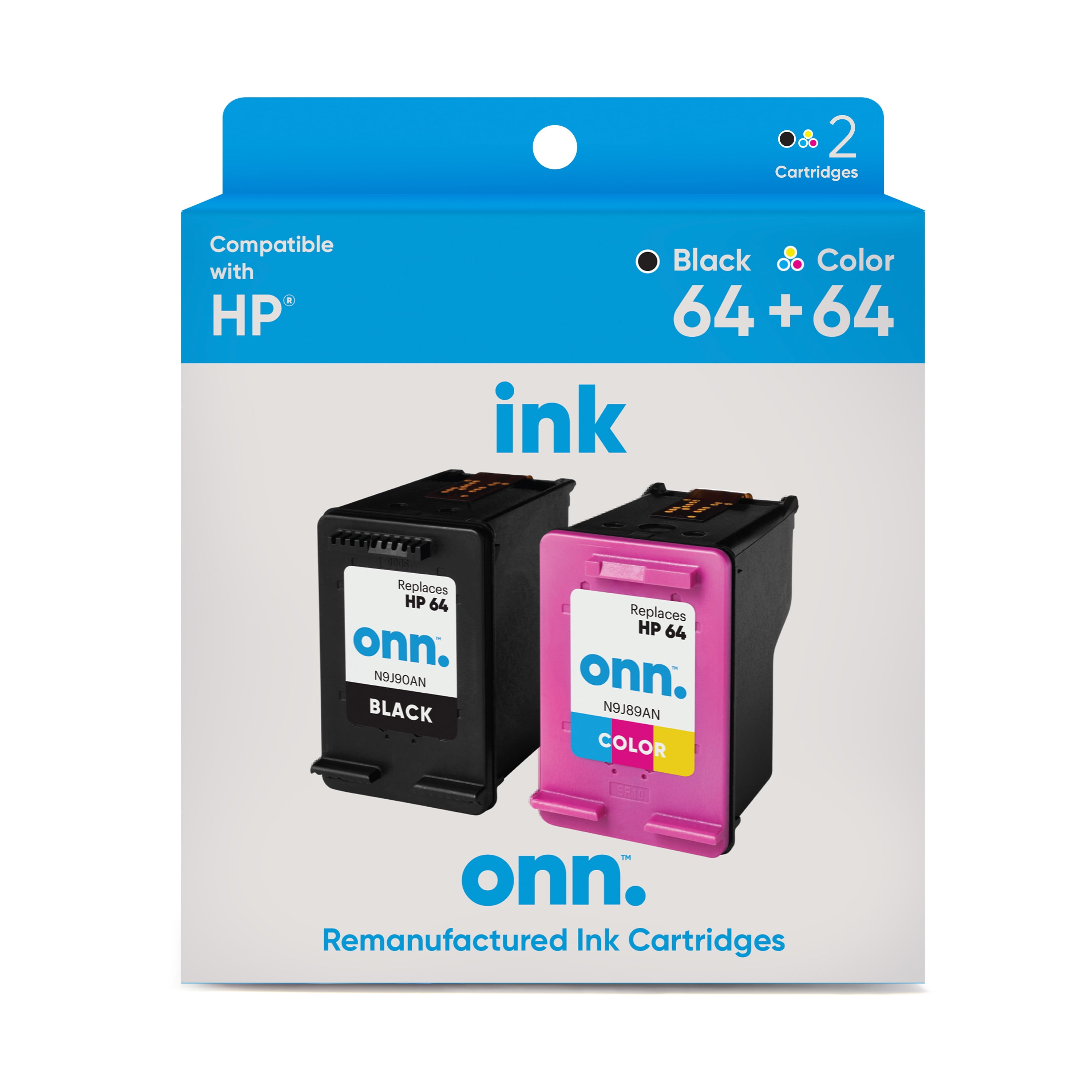 Onn. Inhpcl100014173 HP 64 Black and 64 Tri Color Remanufactured Ink 2 Cartridges