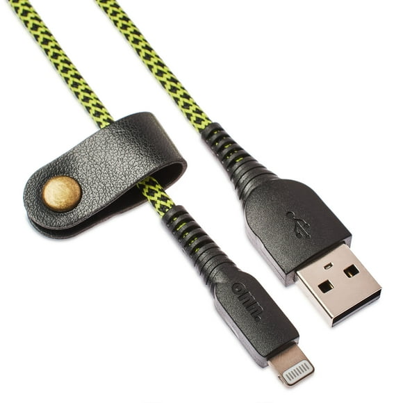 onn 6ft Lightning to USB Braided Charging Cable with Cable Management, MFI Certified, Black and Yellow - Compatible with iPhone 14/13/12/11/X/XR/XS/8/7/6/5, iPad, Airpods and more