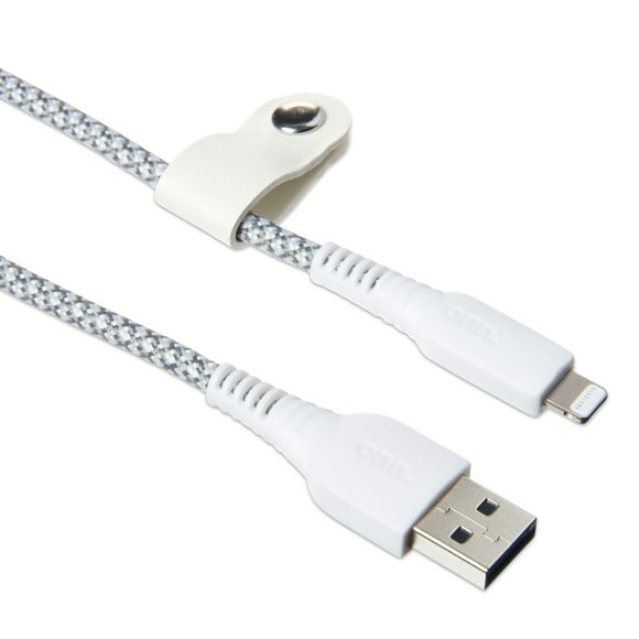 onn 6ft Lightning to USB Braided Charging Cable with Cable Management, MFI Certified, White and Gray - Compatible with iPhone 14/13/12/11/X/XR/XS/8/7/6/5, iPad, Airpods and more