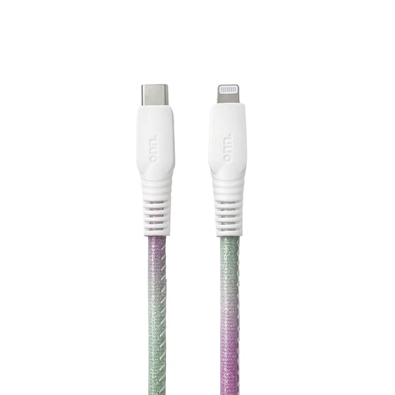 onn. Lightning to USB-C Glitter Cable, Purple & Mint, 6'