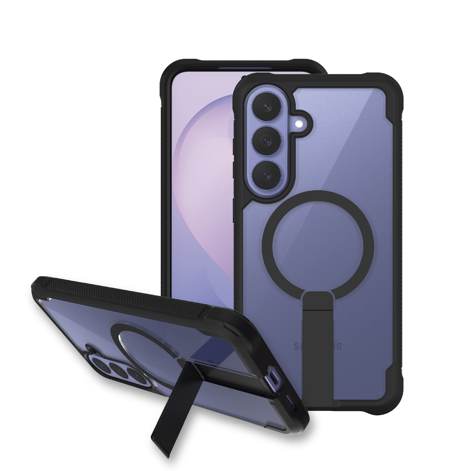 onn Dual-Layer Phone Case with Kickstand for Samsung Galaxy S26 FE / S25 FE, Magnetic Compatible - Clear/Black
