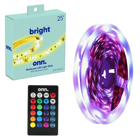 onn Multicolor LED Light Strip with Remote Control, 25'