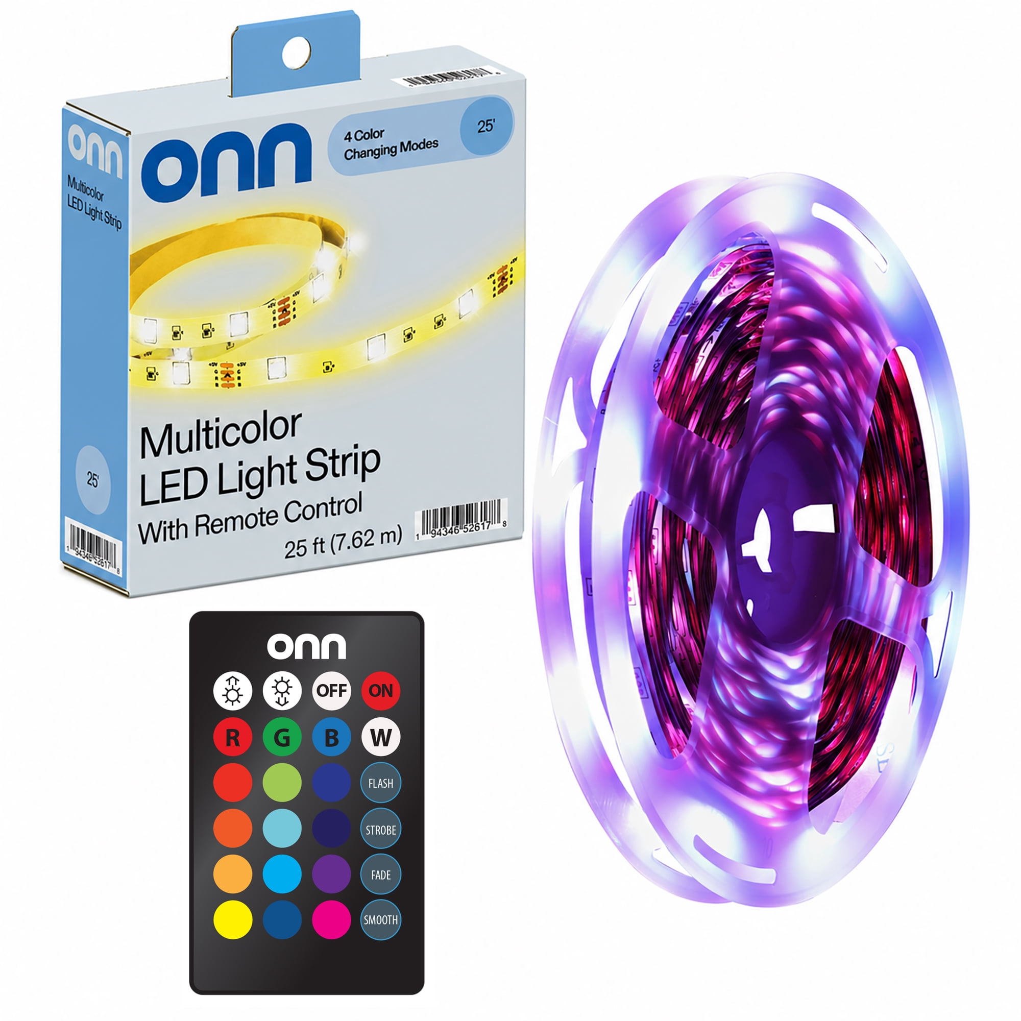 onn Multicolor LED Light Strip with Remote Control, 25' - Walmart ...