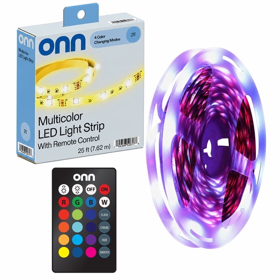 onn Multicolor LED Light Strip with Remote Control, 25'