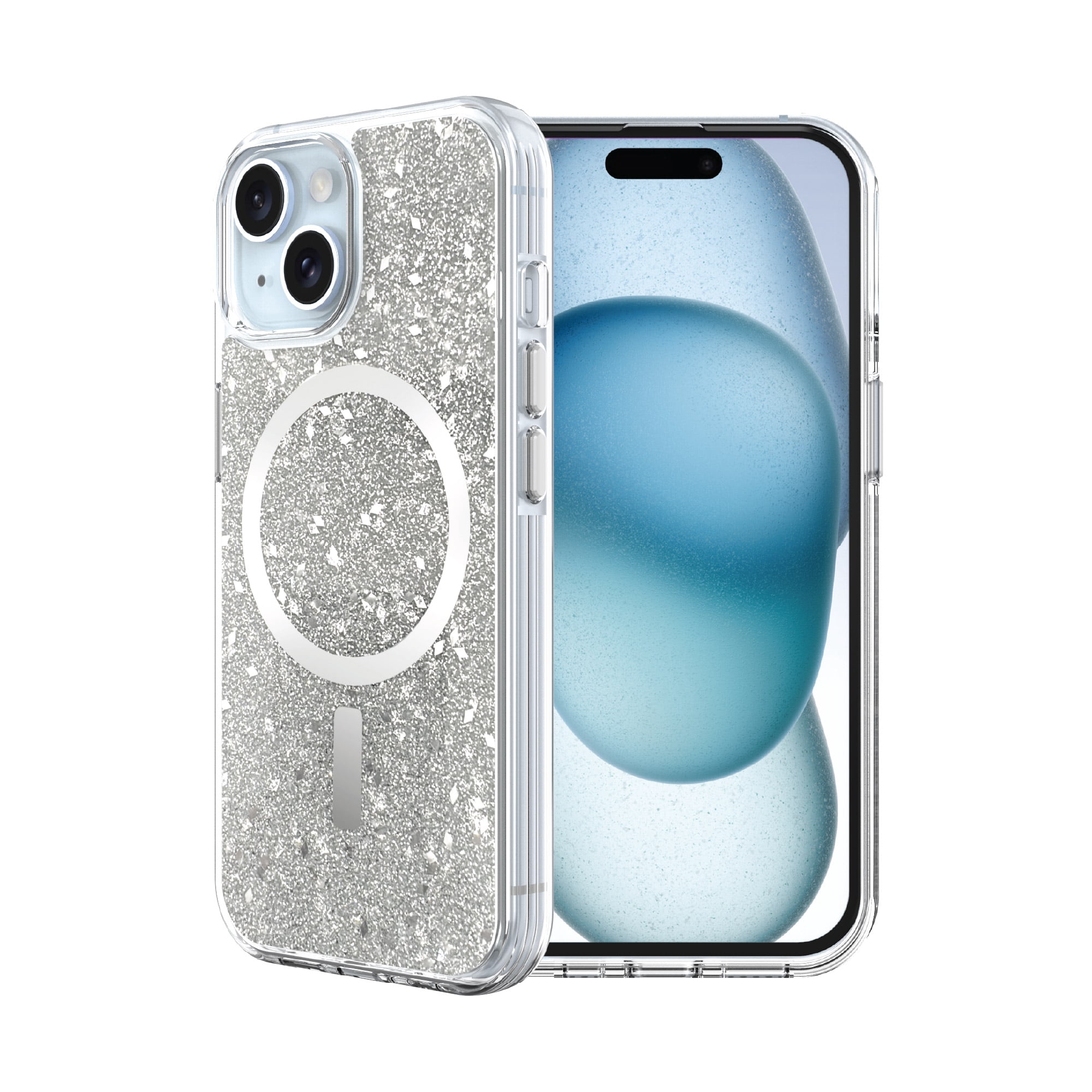 onn Phone Case for iPhone 17e / 16e / 15 / 14 / 13, MagSafe Compatible - Silver Glitter Fleck