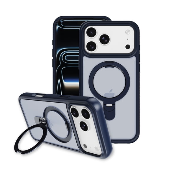 onn Phone Case with Ring Kickstand for iPhone 18 Pro Max / 17 Pro Max, MagSafe Compatible, Rotating Kickstand - Frosted Blue/Blue