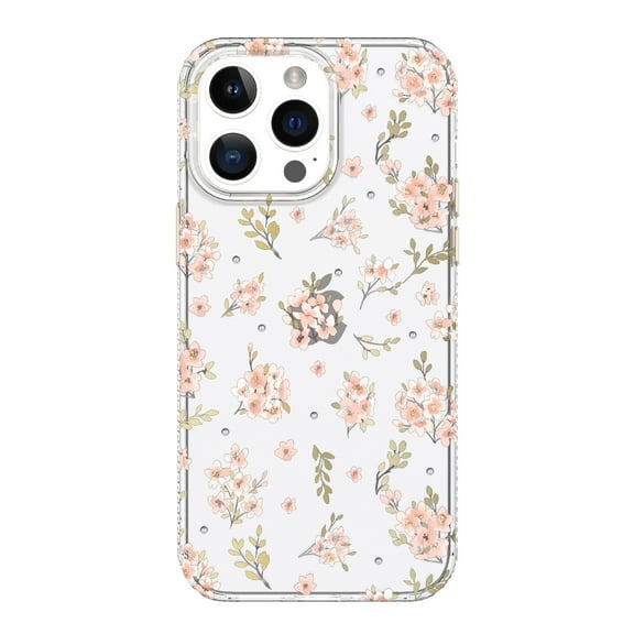 onn. Pink Floral with Gems Phone Case for iPhone 14 Pro Max / iPhone 13 Pro Max / iPhone 12 Pro Max