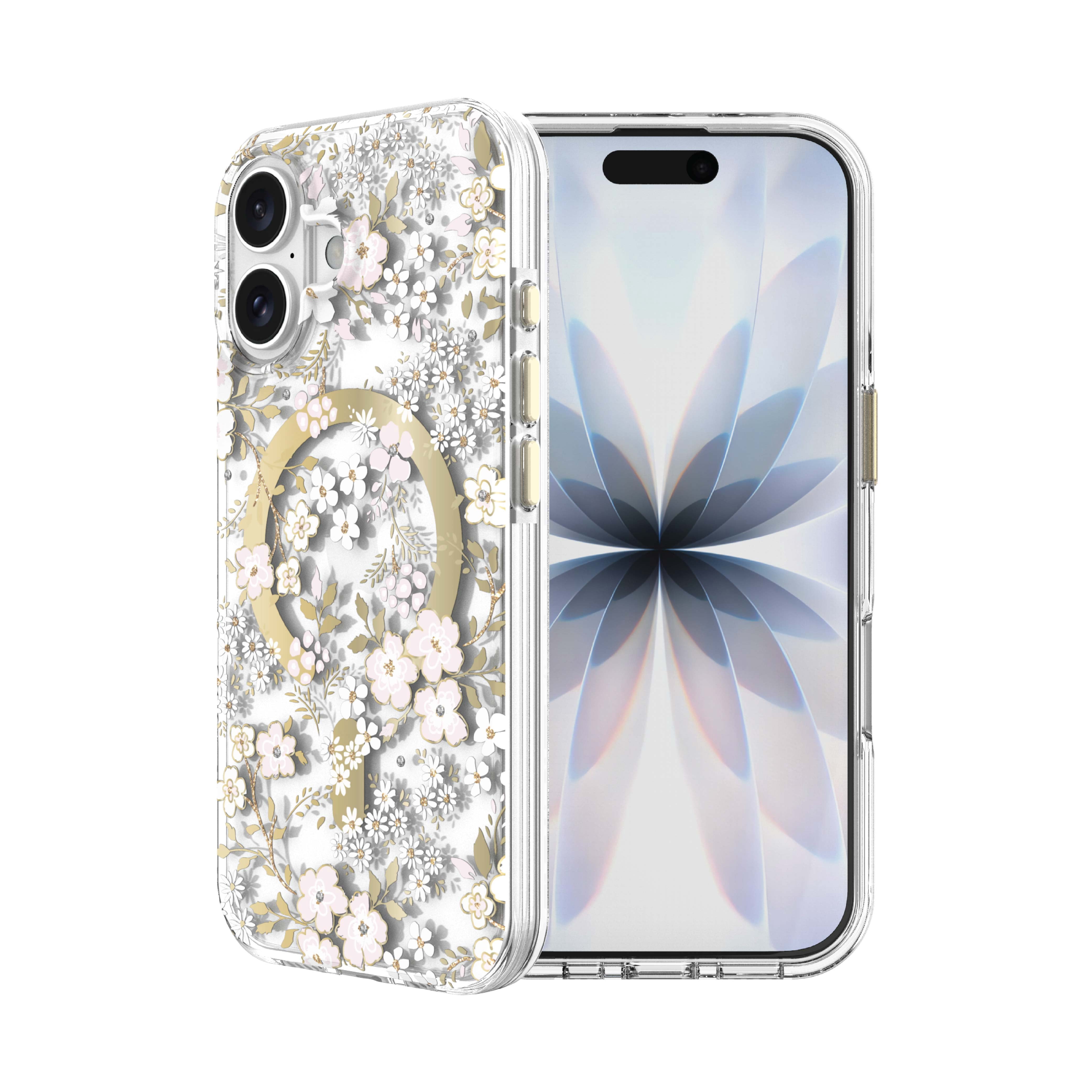 onn Phone Case for iPhone 17, MagSafe Compatible - Pink & White Floral with Gems