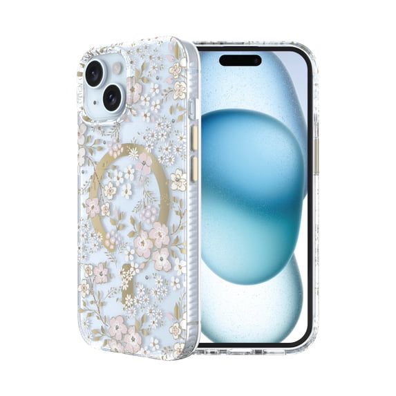 onn Phone Case for iPhone 17e / 16e / 15 / 14 / 13, MagSafe Compatible - Pink & White Floral with Gems