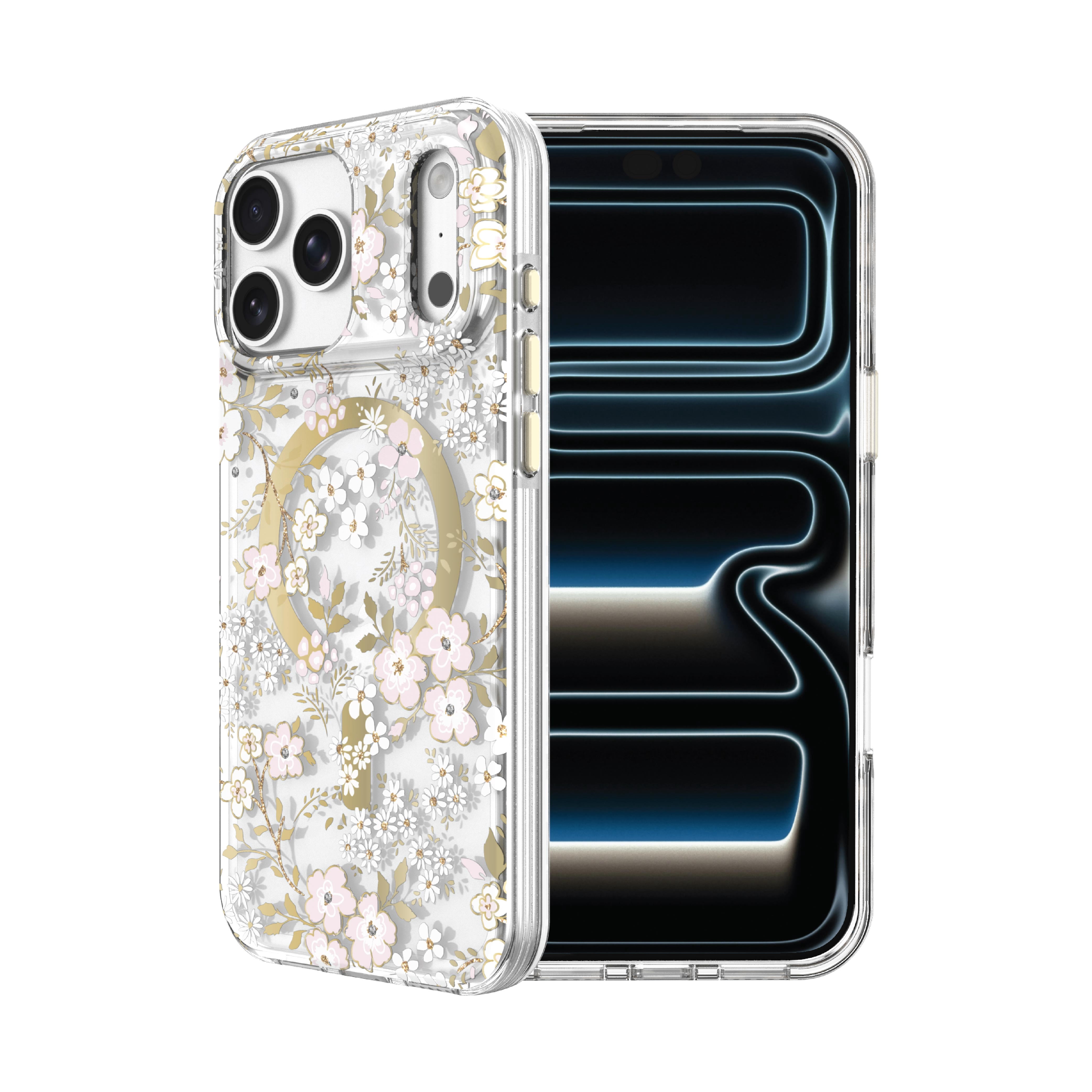 onn Phone Case for iPhone 18 Pro Max / 17 Pro Max, MagSafe Compatible - Pink & White Floral with Gems