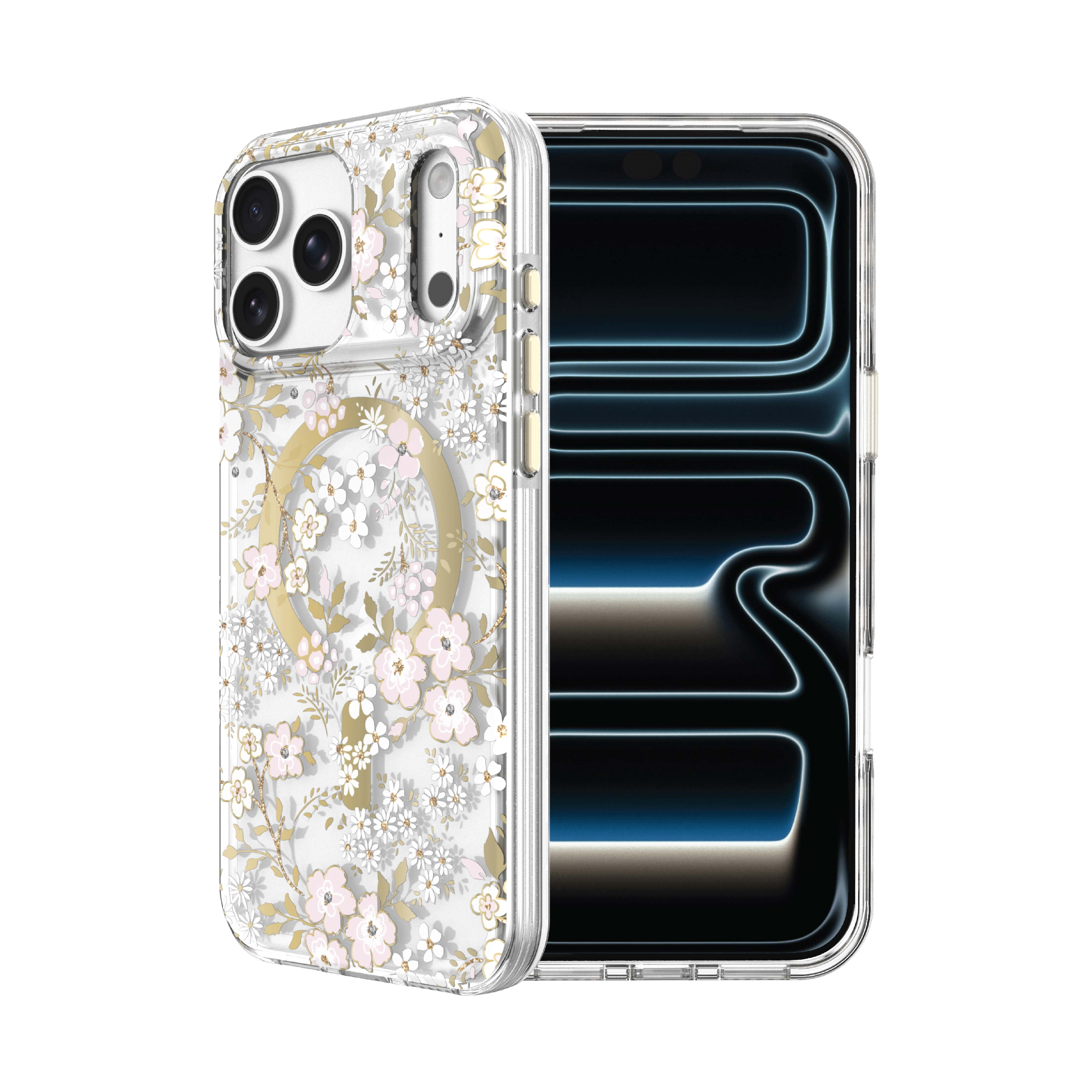 onn Phone Case for iPhone 18 Pro / 17 Pro, MagSafe Compatible - Pink & White Floral with Gems