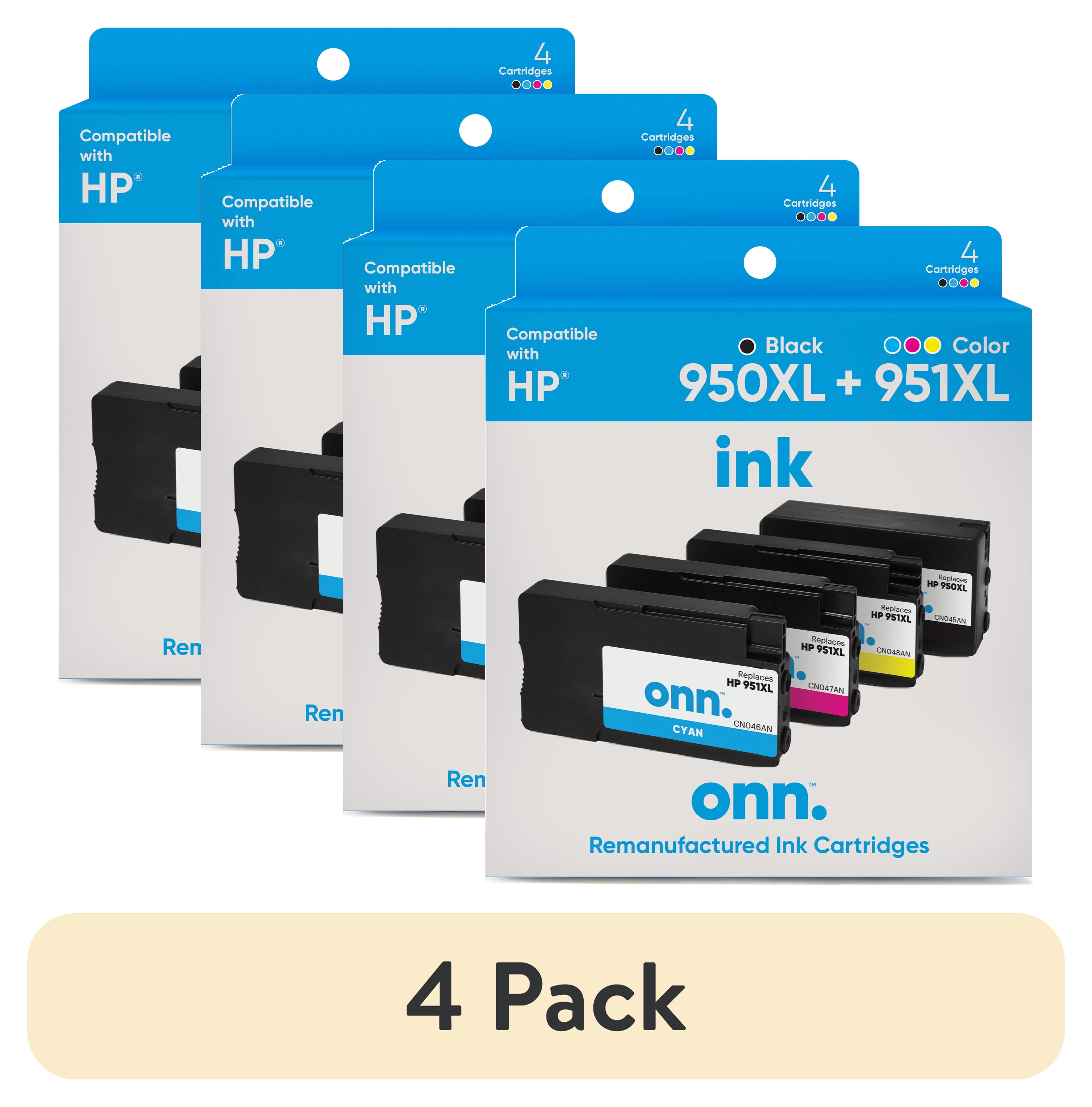 (4 pack) ONN INHPCL100014174 Ink Cartridges, HP 950XL Black & 951XL Color