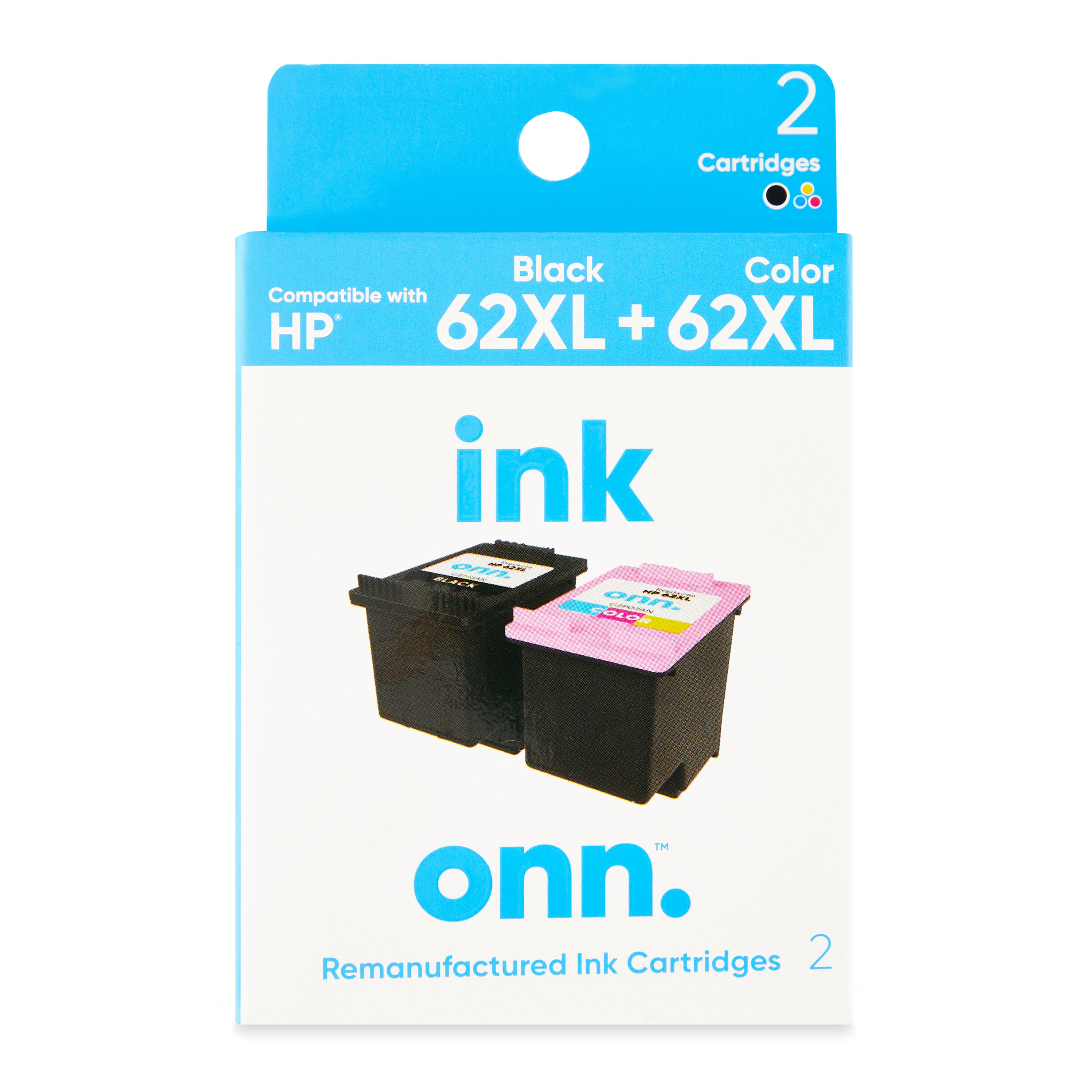 onn. Remanufactured Ink Cartridge, HP 62XL Black, 62XL Tri-Color (Cyan, Yellow, Magenta), 2 Cartridges - image 1 of 6
