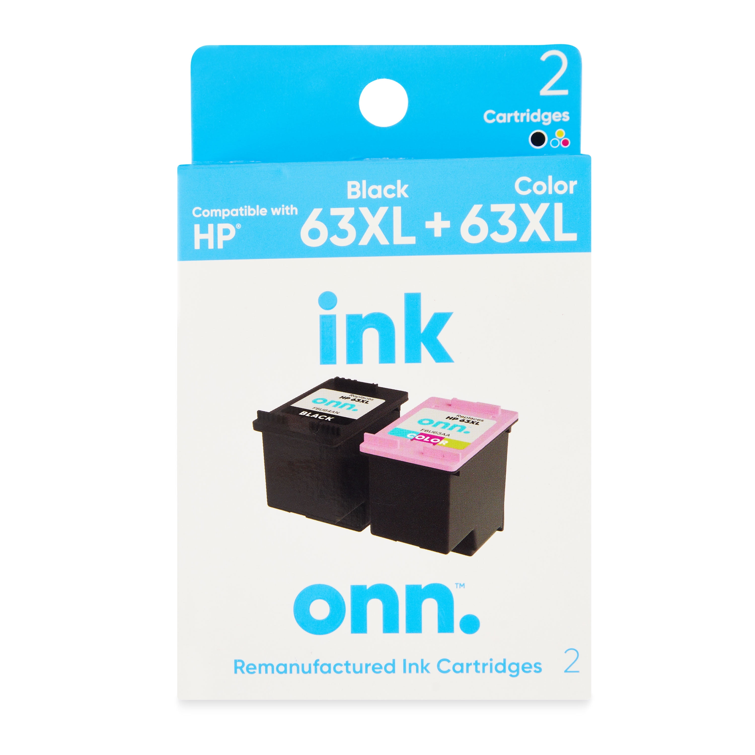 onn. Remanufactured Ink Cartridge, HP 63XL Black, 63XL TriColor, 2