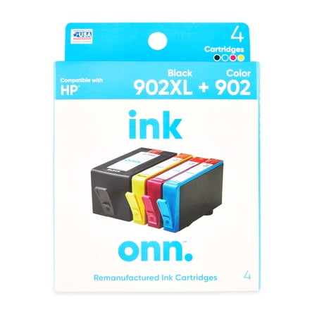 onn. Remanufactured Ink Cartridge, HP Black 902XL + 902XL Color, 4 Cartridges