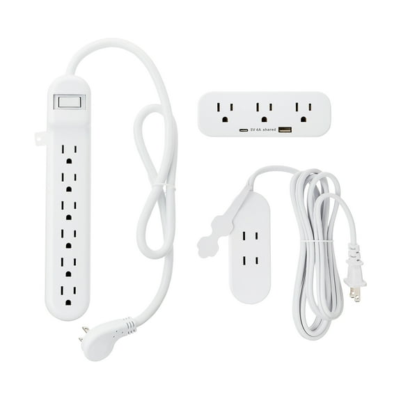 onn Surge Protection Multipack with 6-Outlet Surge Protector, 3-Outlet Wall Tap and 2-Outlet Extension Cord, White