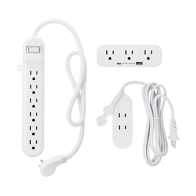 Surge Protector, 6 AC Outlets, 2.5 ft Cord, 500 J, White, 2/Pack
