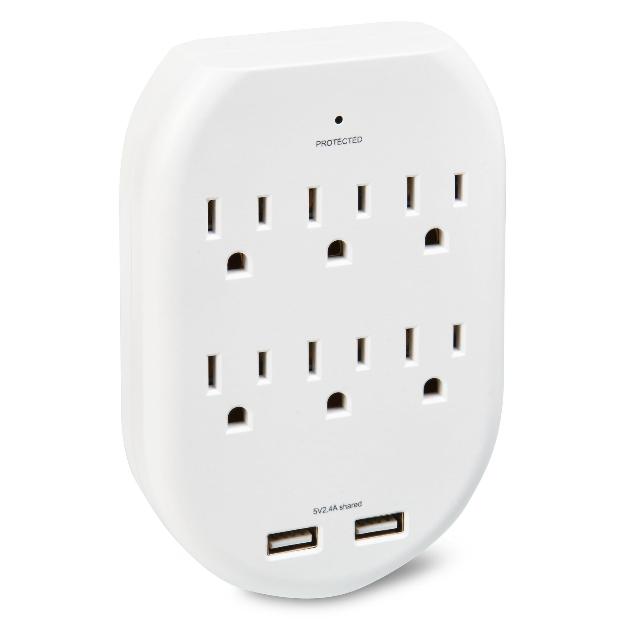 onn. Surge Protector Wall Tap with 6 AC Outlets and 2 USB Ports, 125 Volts 15 Amps, White