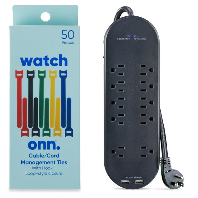 onn. Surge Protector with 10 AC Outlets and 2 USB Ports, 6ft Power Cord