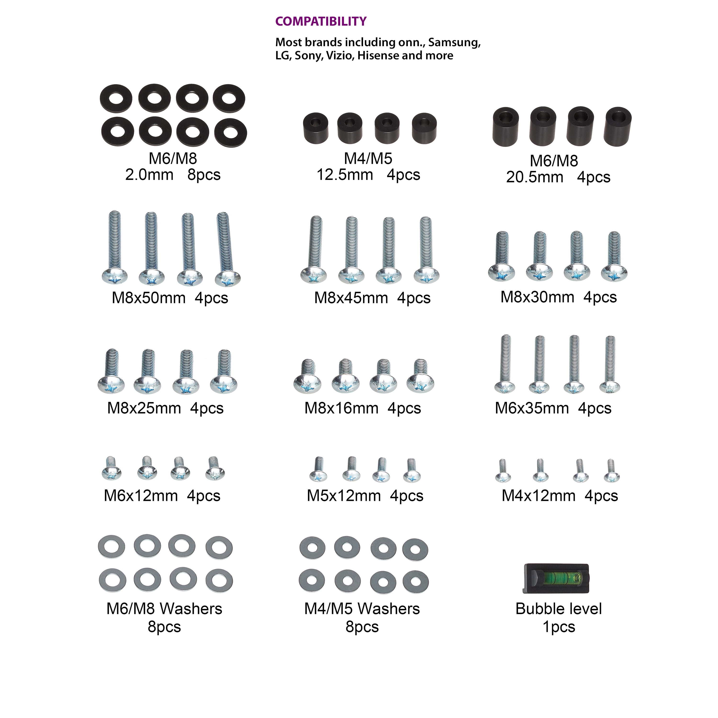 onn. TV Wall Mount Hardware Kit, 69 Pieces