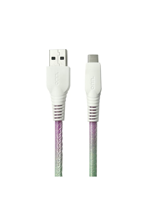 onn. USB to USB-C Glitter Cable, 6' Cord, Purple & Mint