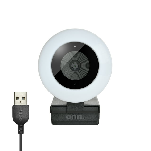 onn. Webcam with Ring Light w/3 LED Levels, Autofocus, Built-in Microphone, White & Black
