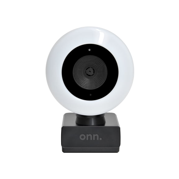 onn. Webcam with Ring Light w/3 LED Levels, Autofocus, Built-in Microphone, White & Black