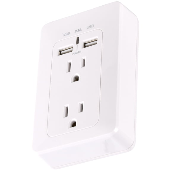 onn. White Wall Mount Power Adapter with 2 Outlets and 2 USB Ports