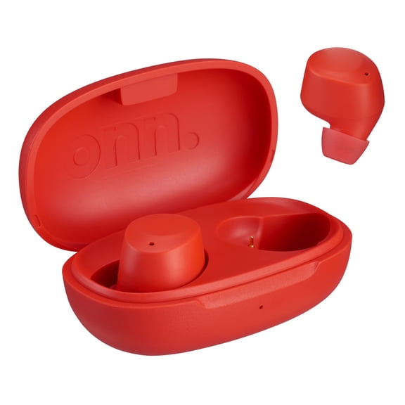 onn. Wireless In-Ear Bluetooth Earphones with Charging Case, Orange Rage