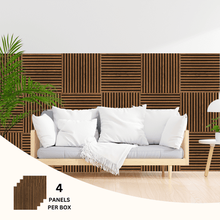 onncom Deep Walnut Luxury Wood Veneer Acoustic Slat Wall Panels Soundproof 23.62" x 23.62" (4 Panels Per Box)