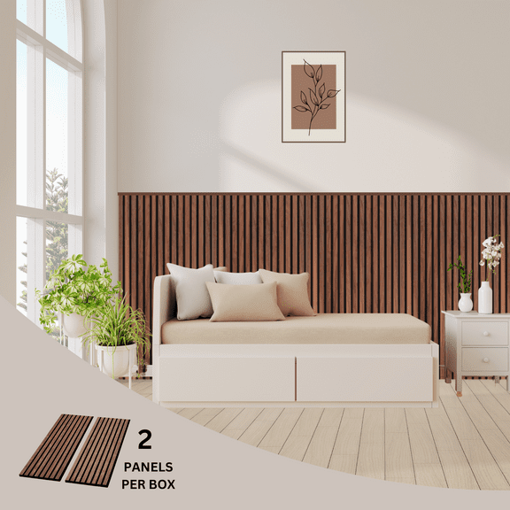 onncom Deep Walnut Luxury Wood Veneer Acoustic Slat Wall Panels Soundproof 47.24" x 12.6" (2 Panels Per Box)