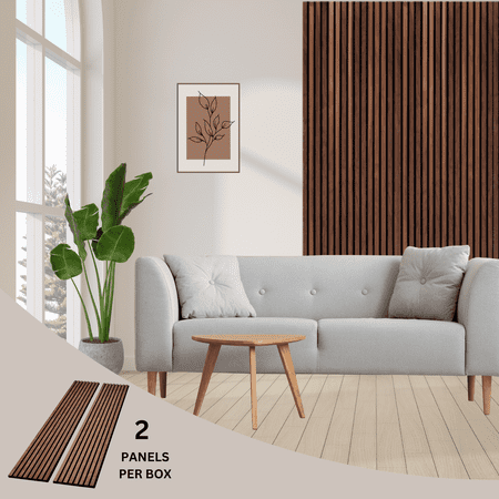 onncom Deep Walnut Luxury Wood Veneer Acoustic Wood Wall Slat Panels Soundproof 94.49" x 12.6" (2 Panels Per Box)