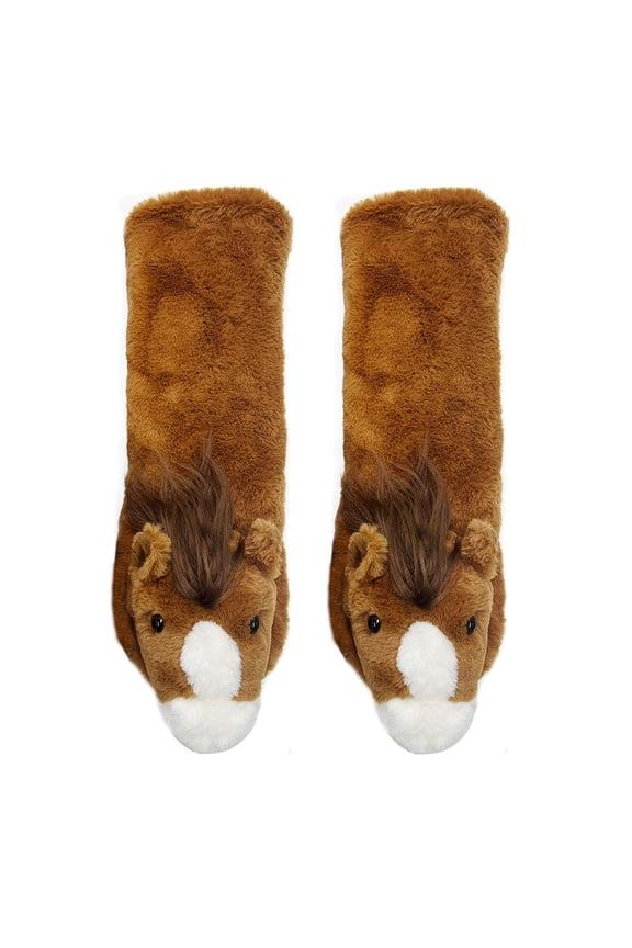 Women's Funny Animal Fuzzy House Slipper Socks with Grippers, Cute Plush Indoor Non-Slip Socks, Horse Play, Size 5-10