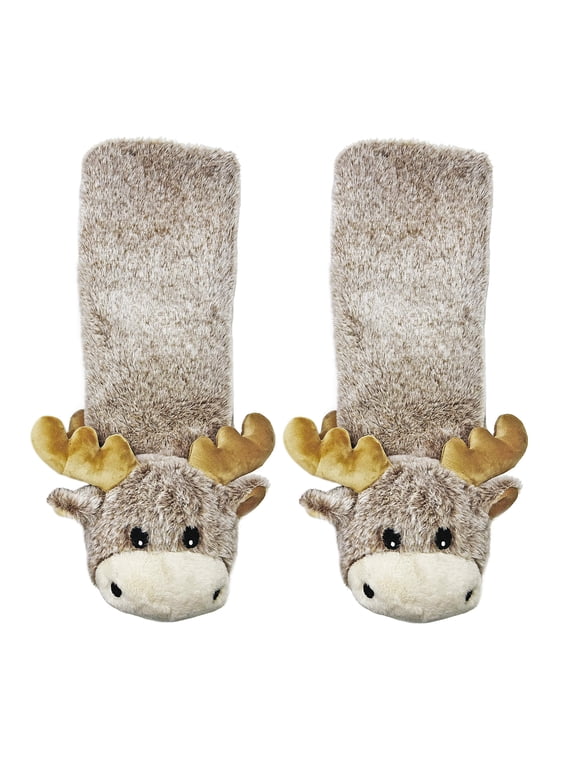 Women's Funny Animal Fuzzy House Slipper Socks with Grippers, Cute Plush Indoor Non-Slip Socks, Moose Up, Size 5-10